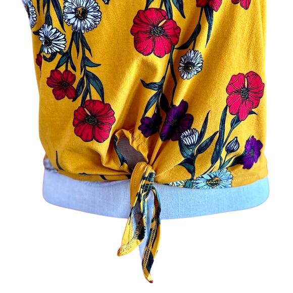 Womens Top Size Medium Yellow Floral Lace Back Tie Front Twee Indie Professional - Picture 3 of 8